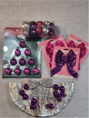 17-Piece Purple Pink Silver Mini Christmas Tree Ornament Lot Tree Skirt Bows